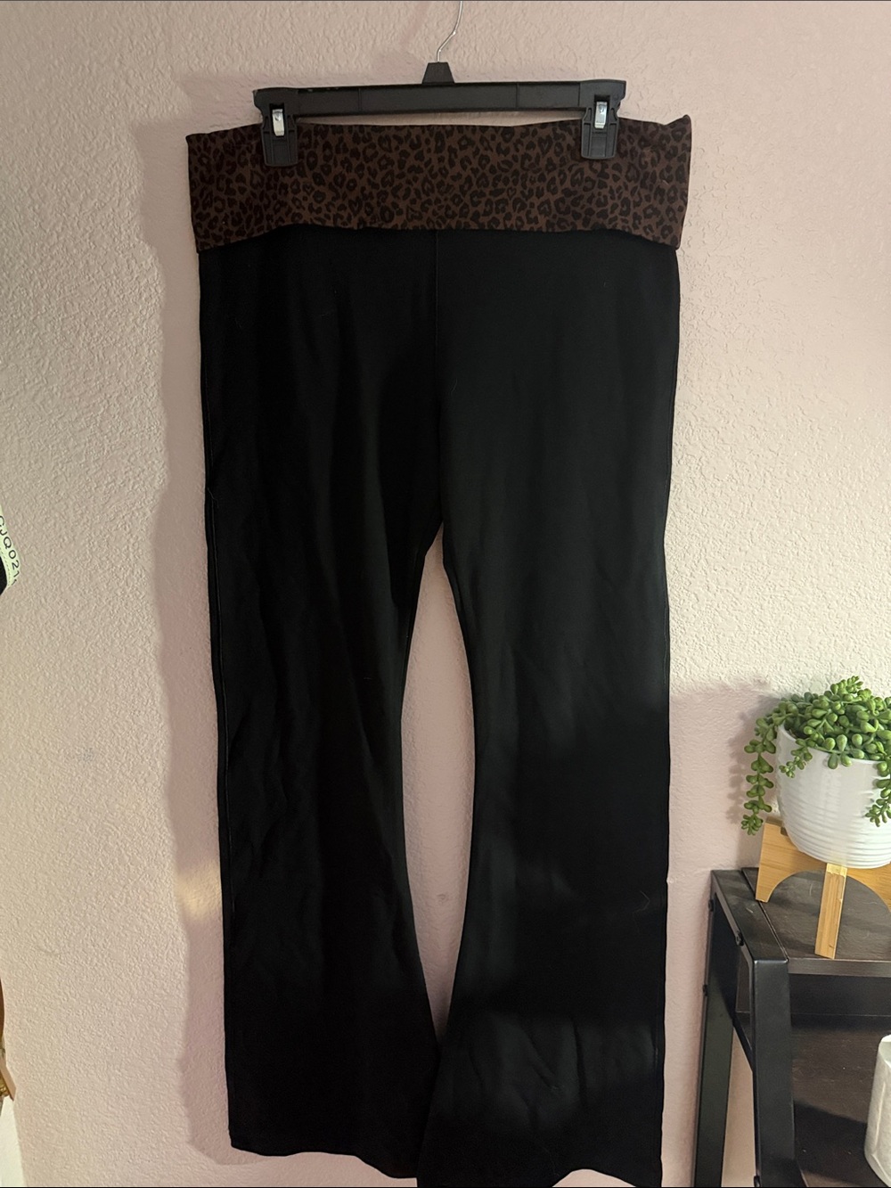 PINK Victoria's Secret Black Leggings with Brown Leopard Foldover Waistband